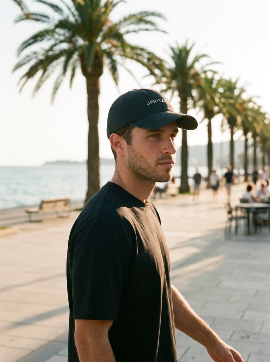 The cap on a man, on a palm-lined seafront promenade at golden hour