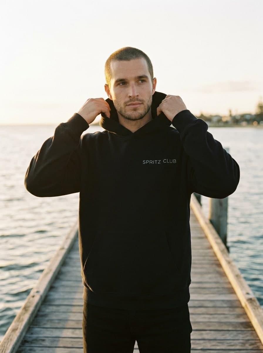 The hoodie on a man, hood up on a wooden jetty over the sea at golden hour