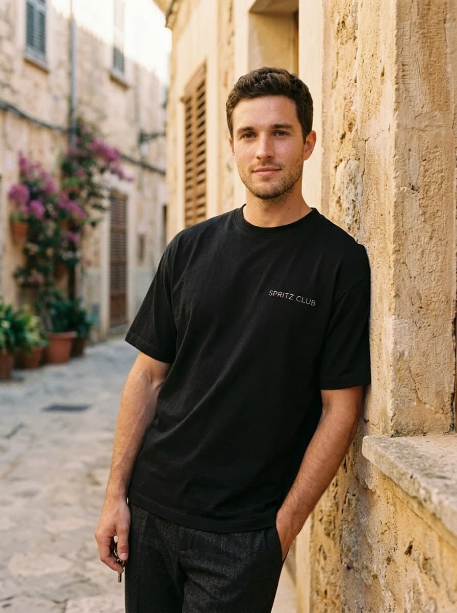 The tee on a man in a bougainvillea-lined Mediterranean old-town lane at golden hour