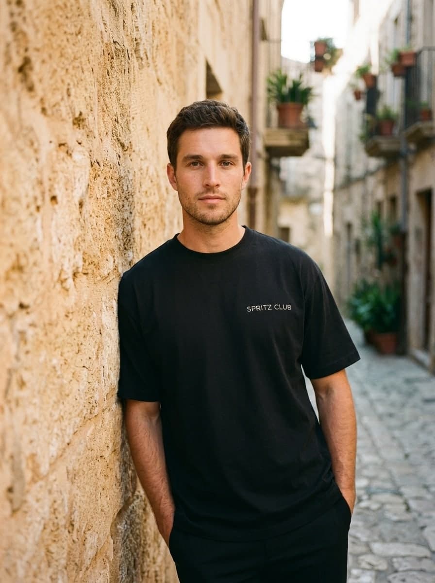 The heavyweight tee on a man, leaning on a sun-warmed old-town wall at golden hour