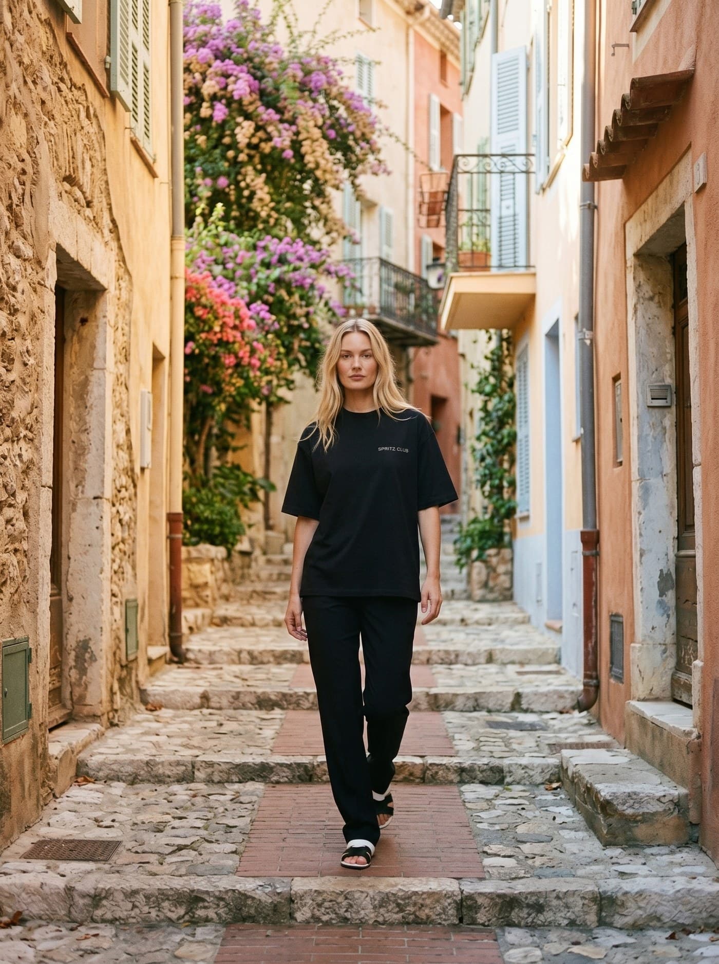 Spritz Club heavyweight tee, worn in a Riviera village alley at golden hour