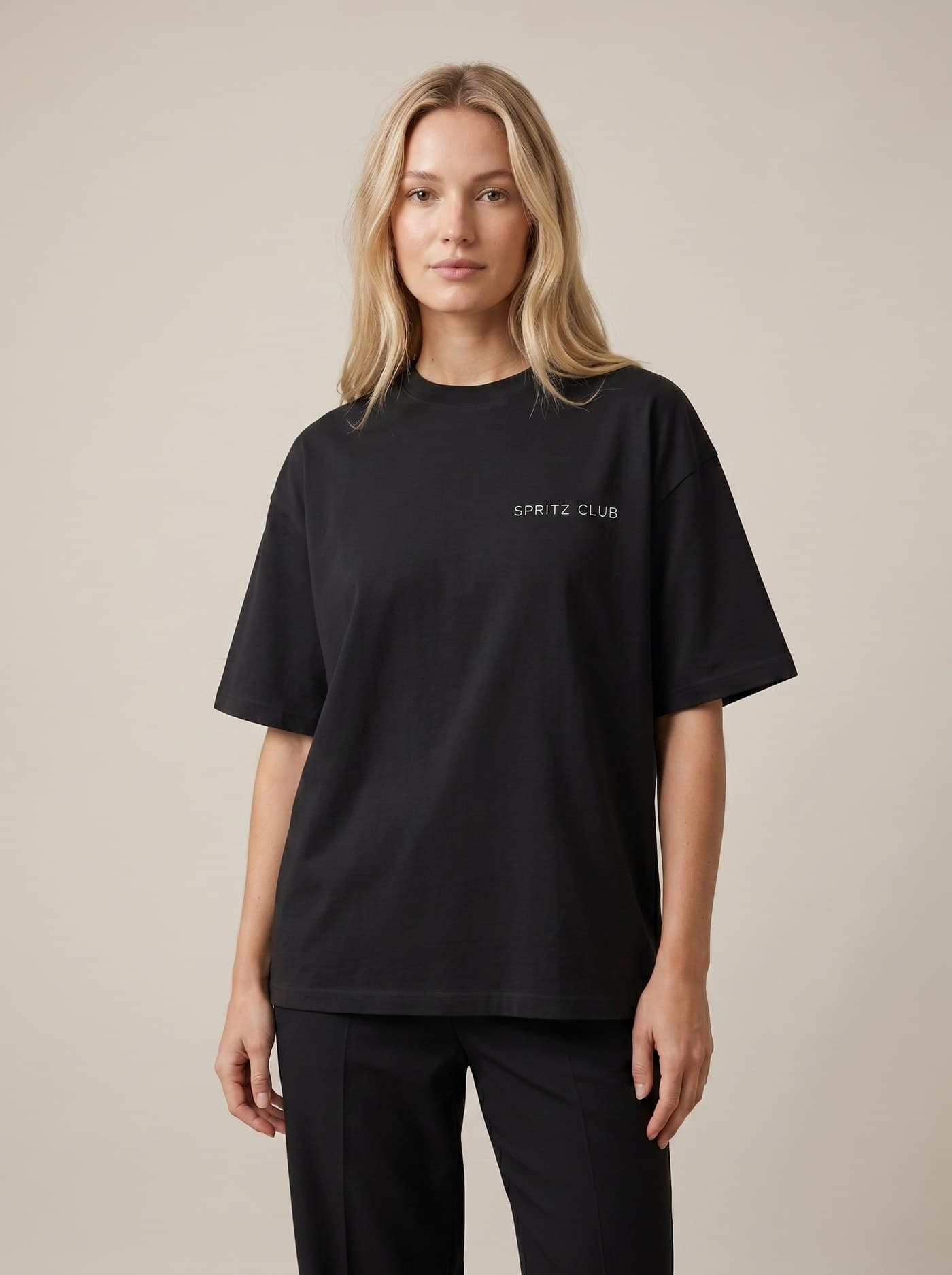 Spritz Club heavyweight tee on a model, studio