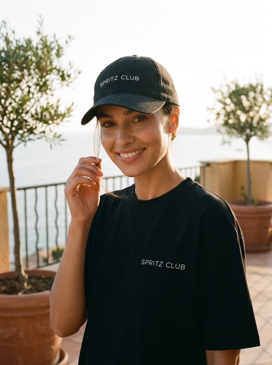 Spritz Club cap, worn on a Riviera terrace at golden hour