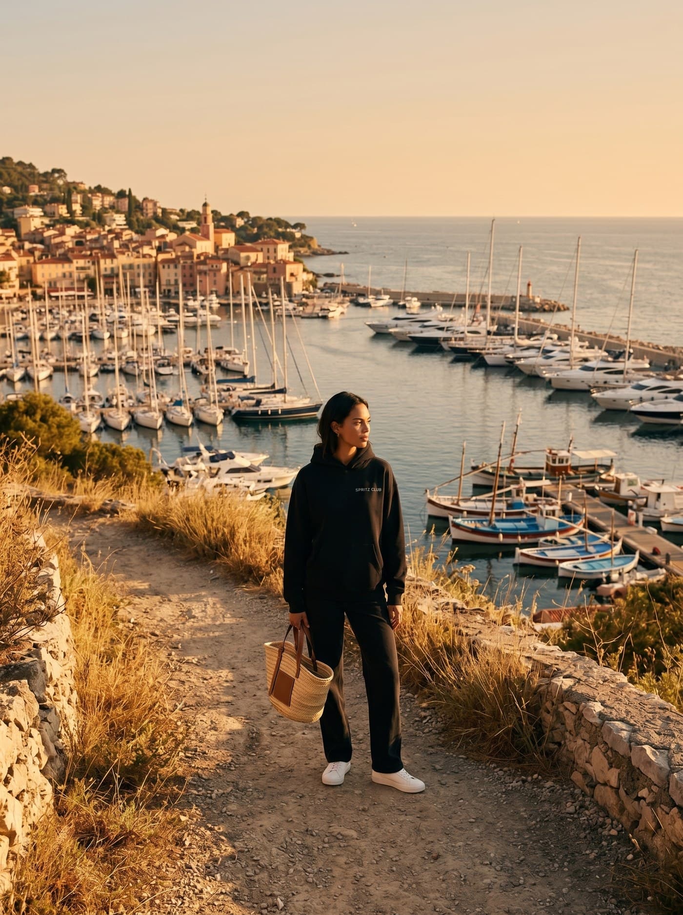 Spritz Club heavyweight hoodie, worn above a Riviera yacht harbour at golden hour