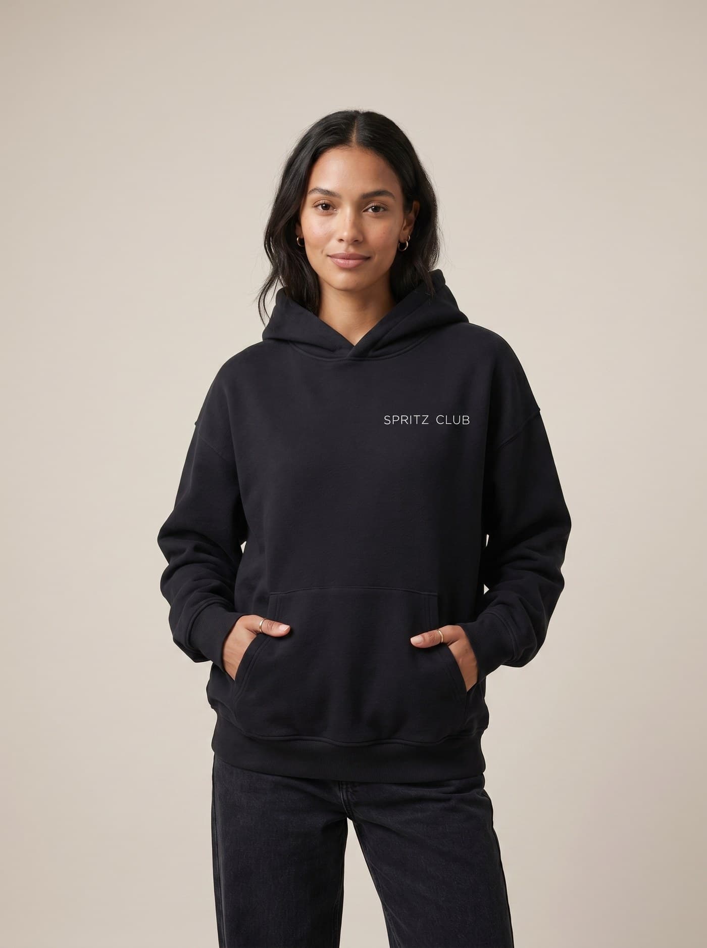 Spritz Club heavyweight hoodie on a model, studio